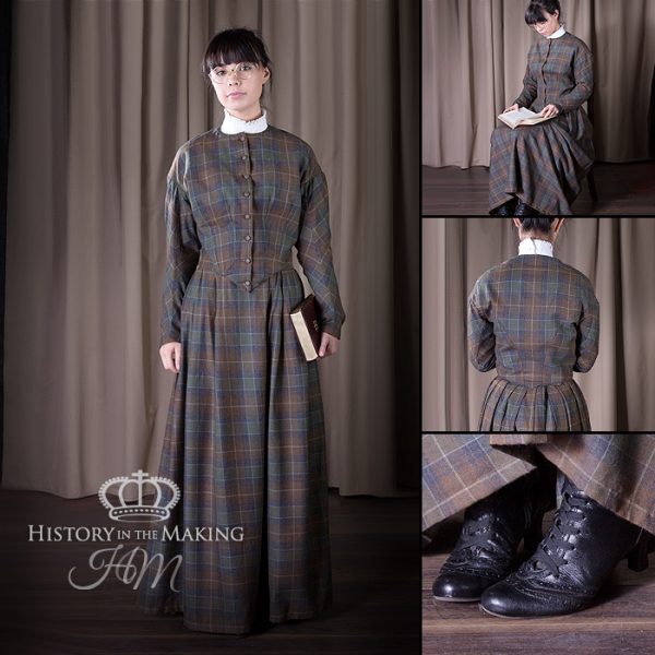 Victorian plain clothes -dark wool check cloth-skirt and bodice
