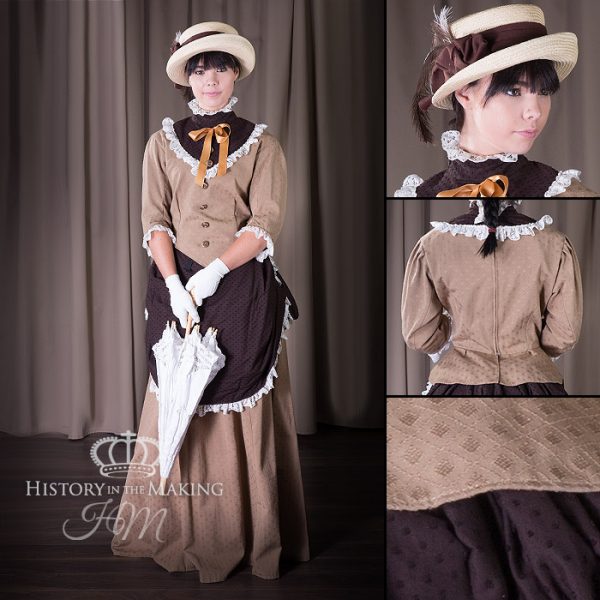 1860 Summer Day wear. Brown shades. Straw hat and parasol