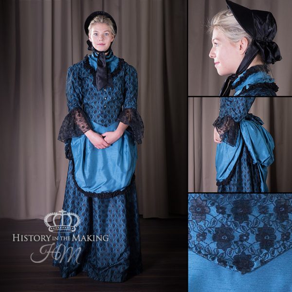 1860 Black lace over Blue Satin Skirt and Bodice. Day wear