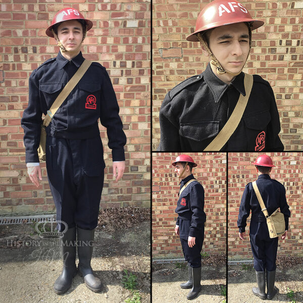 1940 Auxiliary Fire Service Wearing 2 piece Civil Defence style Battle Dress and Steel Helmet.