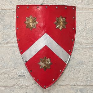 Medieval heater Shield-Silver chevron on Red field-Brass embossed sunburst