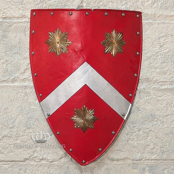 Medieval heater Shield-Silver chevron on Red field-Brass embossed sunburst