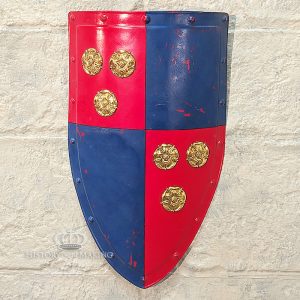 Medieval Heater Shield- Blue and Red quartered with Brass Rose decoration