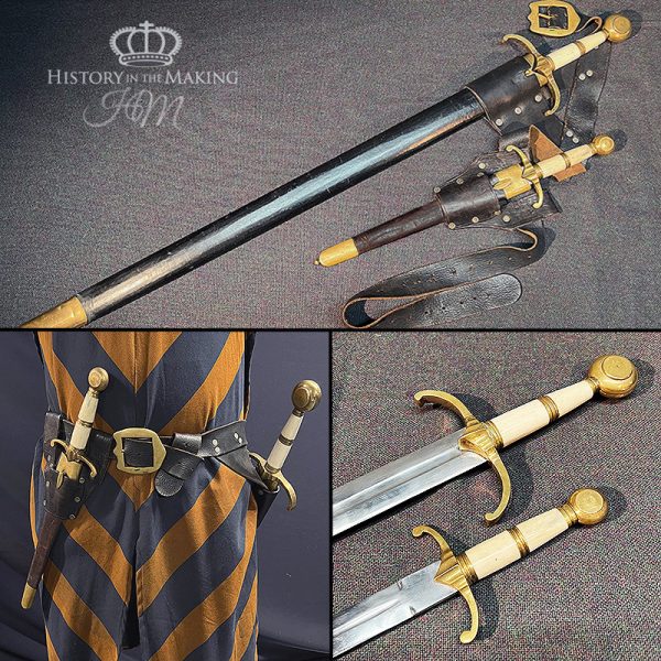 Medieval Sword and Dagger set- White Bone Hilts- Brass Quillions